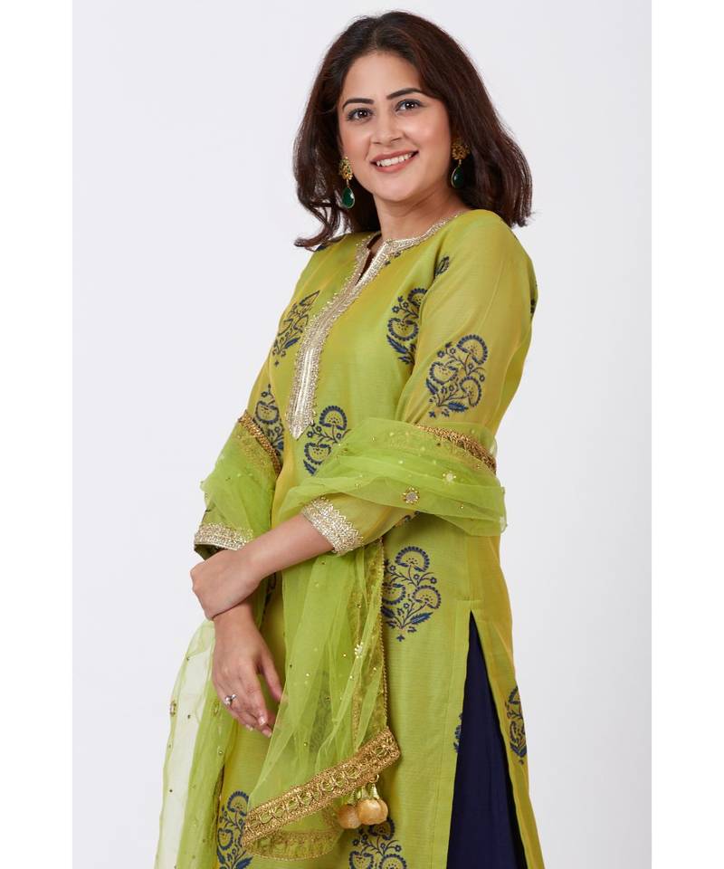 Mehendi Green Block Printed Straight Kurti with Flared Palazzo and Net Mirror worked Dupatta