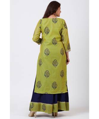 Mehendi Green Block Printed Straight Kurti with Flared Palazzo and Net Mirror worked Dupatta 5