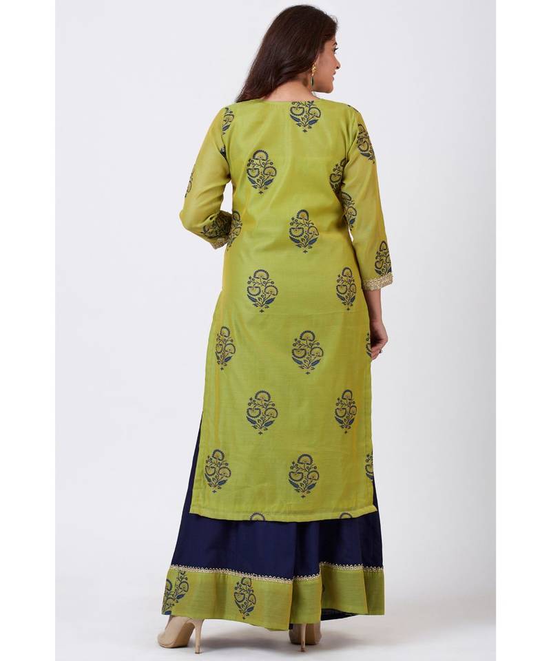 Mehendi Green Block Printed Straight Kurti with Flared Palazzo and Net Mirror worked Dupatta