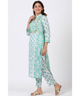 Mint Blue Block Printed Straight Kurti with Straight Pants 1