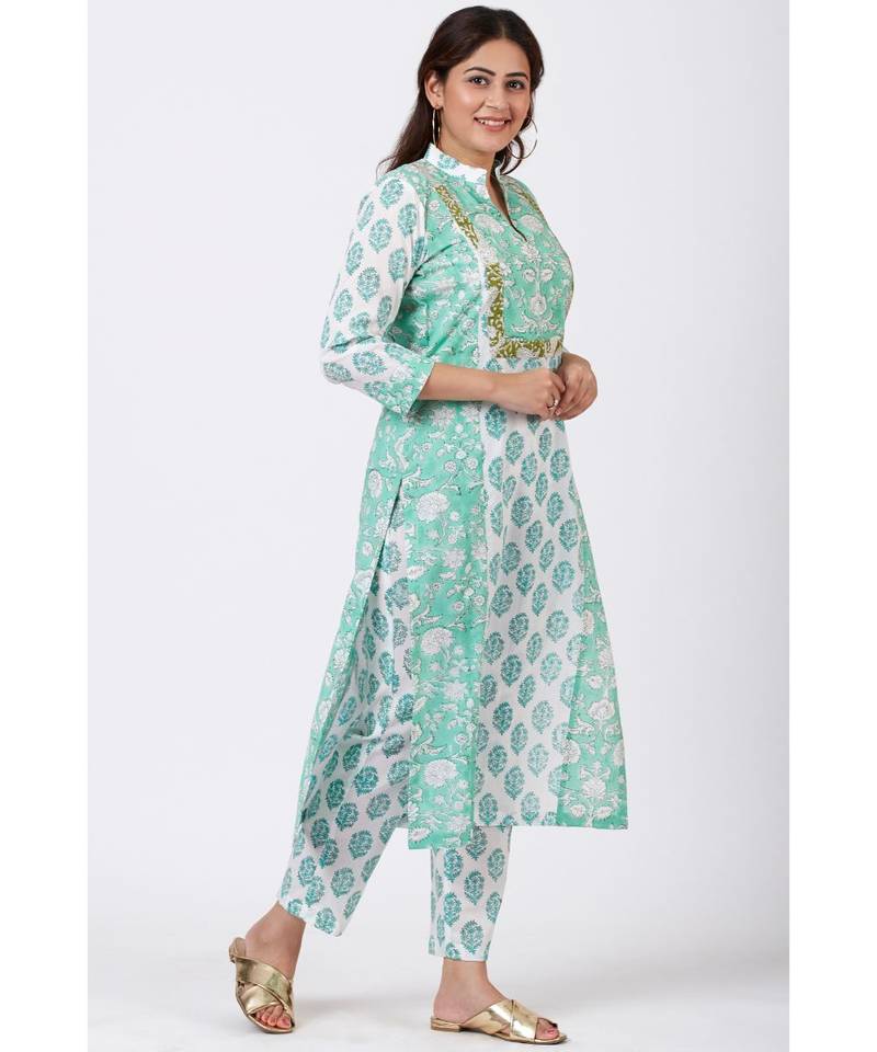 Mint Blue Block Printed Straight Kurti with Straight Pants