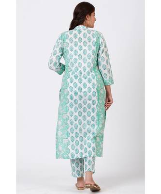 Mint Blue Block Printed Straight Kurti with Straight Pants 3