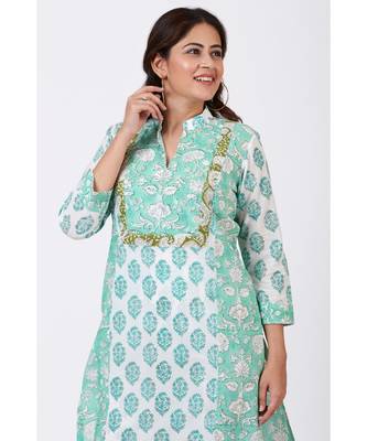 Mint Blue Block Printed Straight Kurti with Straight Pants 4