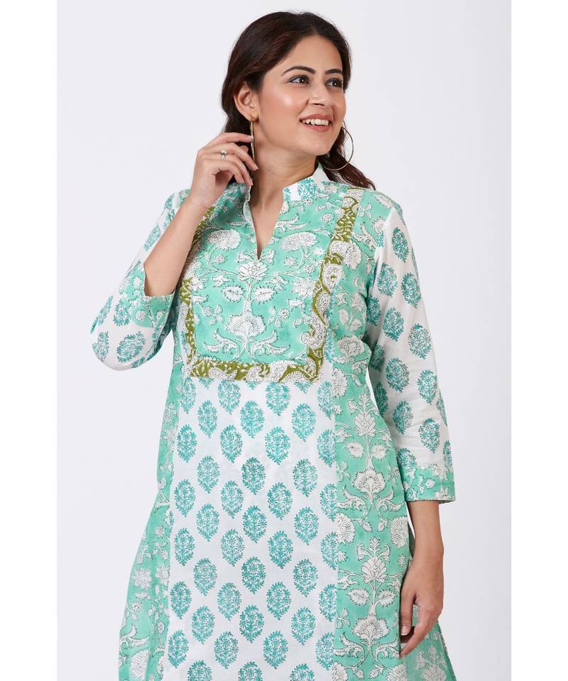 Mint Blue Block Printed Straight Kurti with Straight Pants