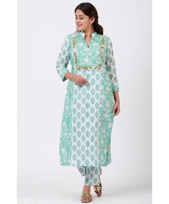 Mint Blue Block Printed Straight Kurti with Straight Pants 5