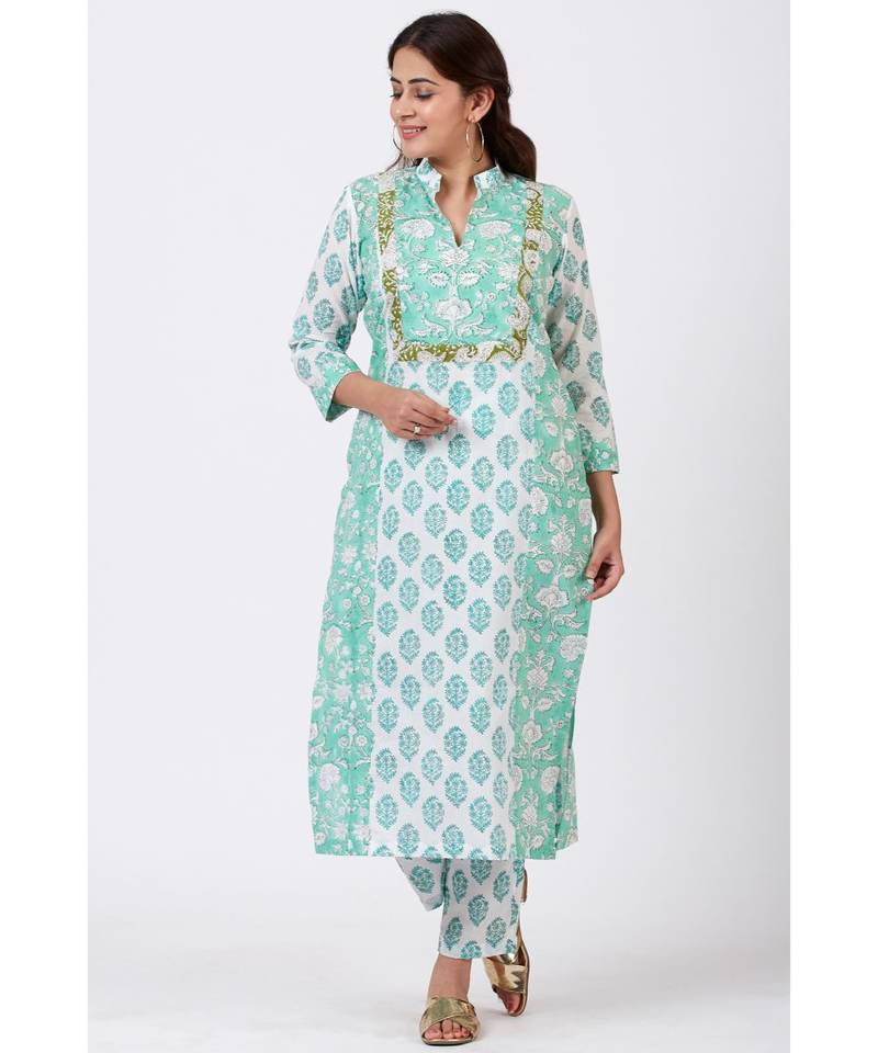 Mint Blue Block Printed Straight Kurti with Straight Pants