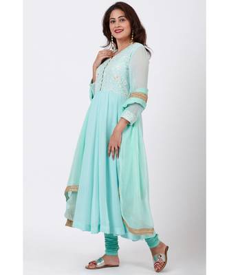 Aqua Blue Chikankari Anarkali with Churidaar and Chiffon Dupatta 1