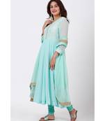 Aqua Blue Chikankari Anarkali with Churidaar and Chiffon Dupatta