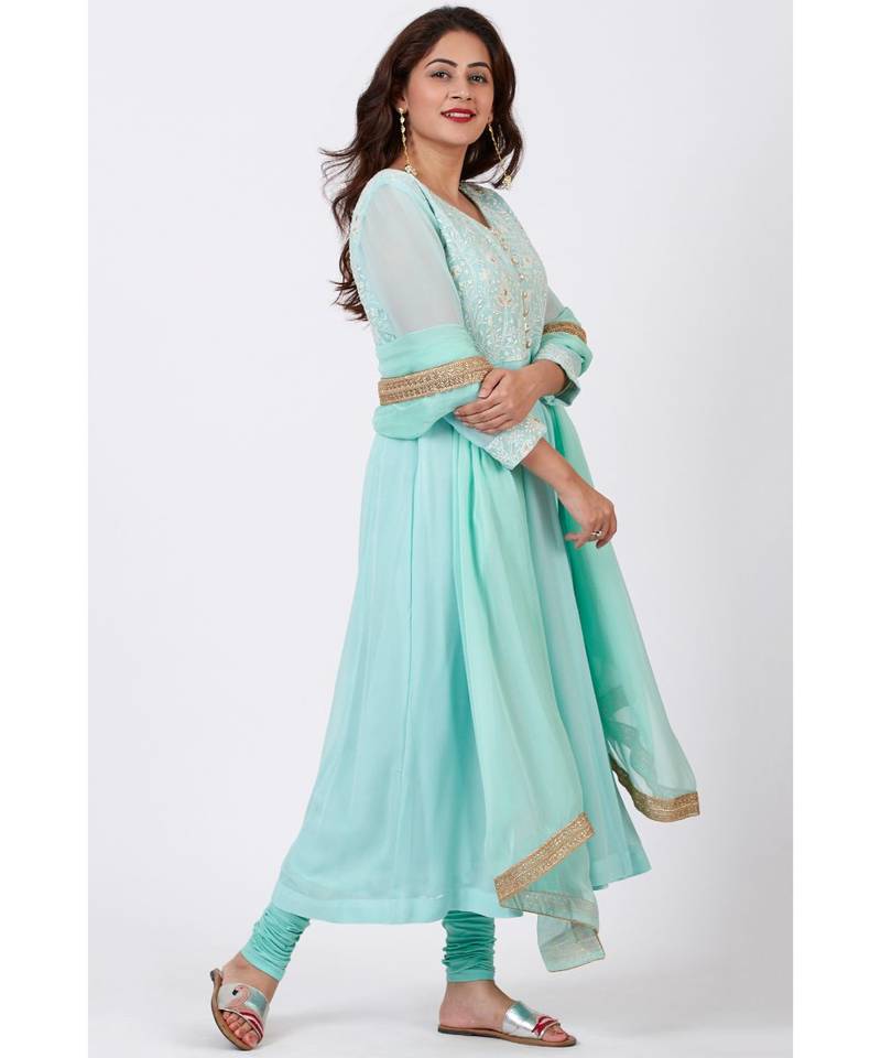 Aqua Blue Chikankari Anarkali with Churidaar and Chiffon Dupatta
