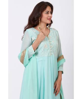 Aqua Blue Chikankari Anarkali with Churidaar and Chiffon Dupatta 3
