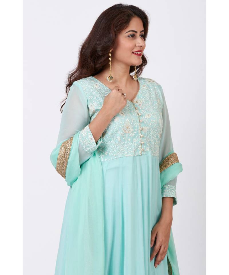 Aqua Blue Chikankari Anarkali with Churidaar and Chiffon Dupatta
