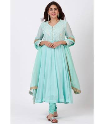 Aqua Blue Chikankari Anarkali with Churidaar and Chiffon Dupatta 4