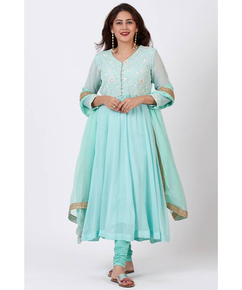 Aqua Blue Chikankari Anarkali with Churidaar and Chiffon Dupatta