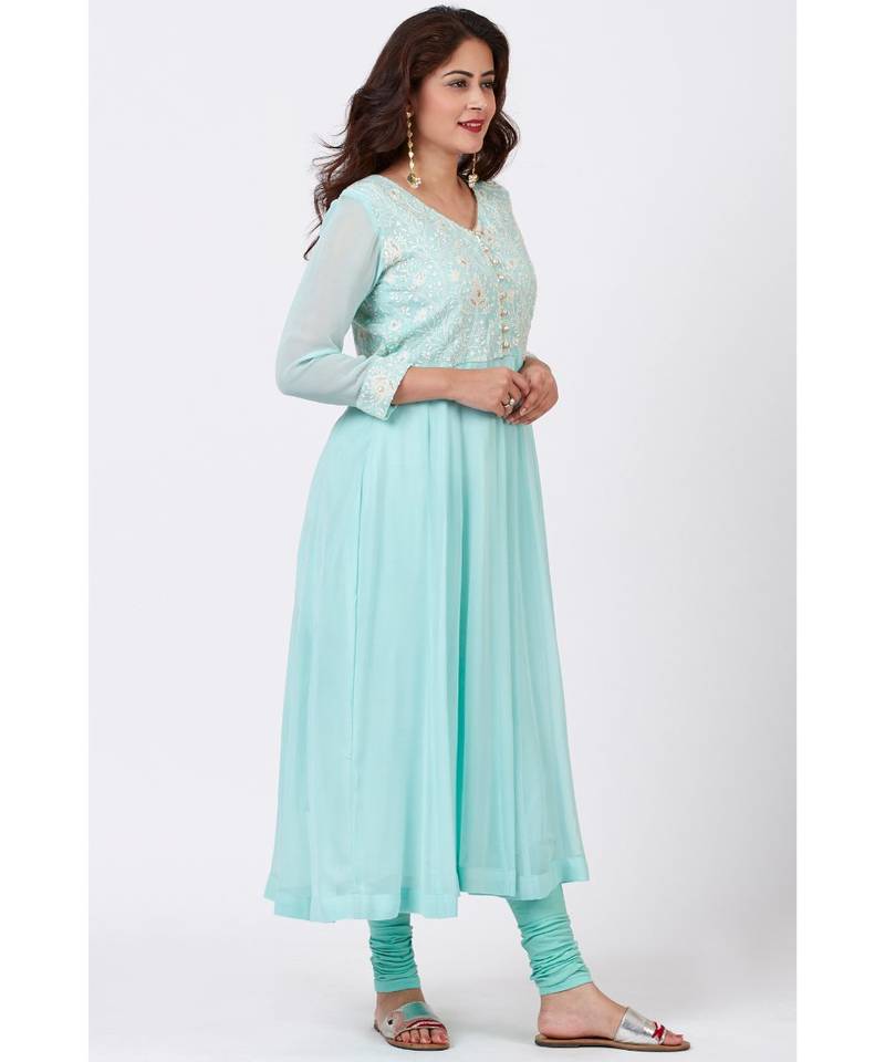 Aqua Blue Chikankari Anarkali with Churidaar