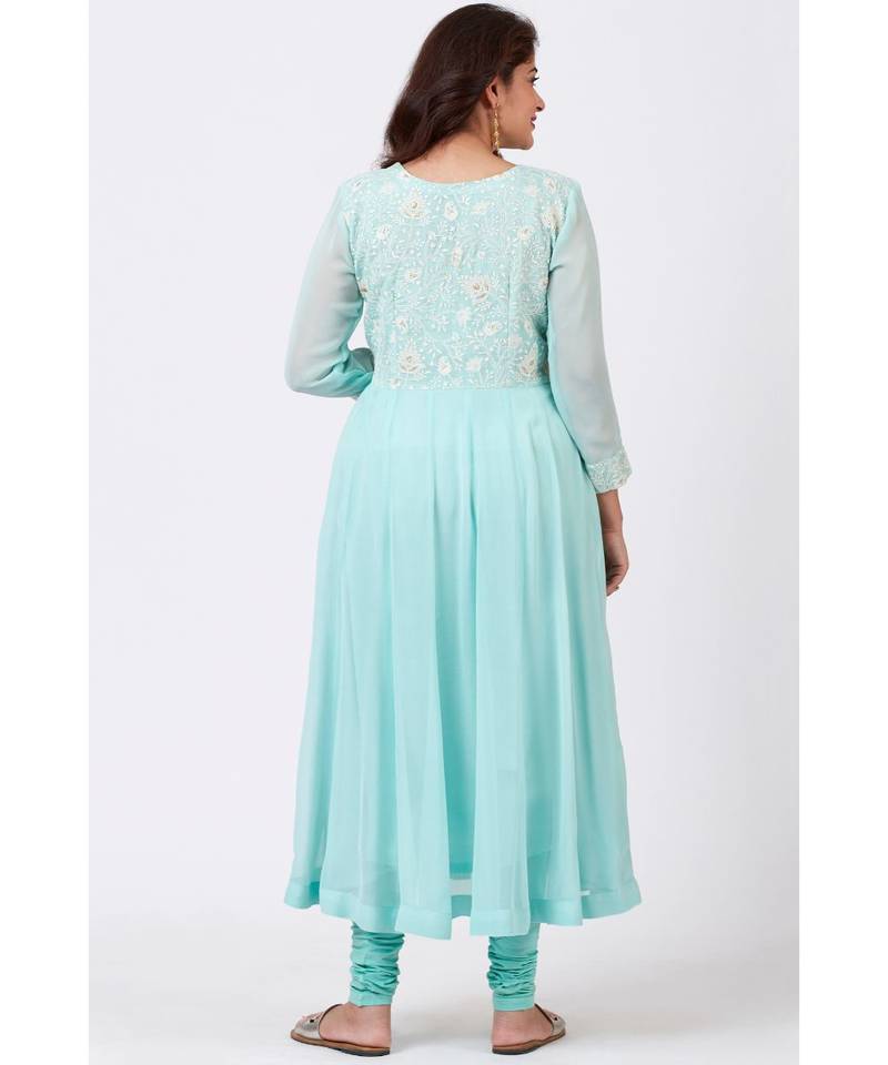 Aqua Blue Chikankari Anarkali with Churidaar