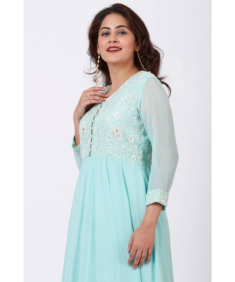 Aqua Blue Chikankari Anarkali with Churidaar