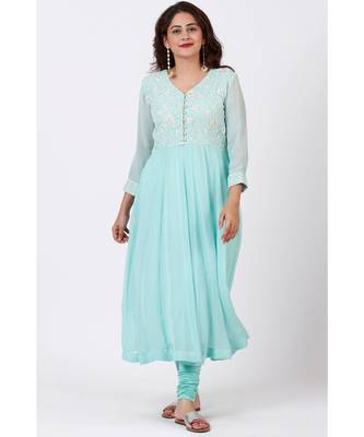 Aqua Blue Chikankari Anarkali with Churidaar 5