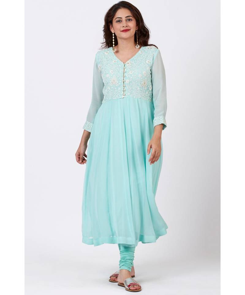 Aqua Blue Chikankari Anarkali with Churidaar