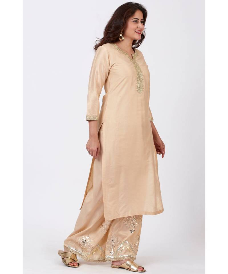 Champagne Gold Tree Gotta Embroidered Kurti with Embroidered Straight Palazzos