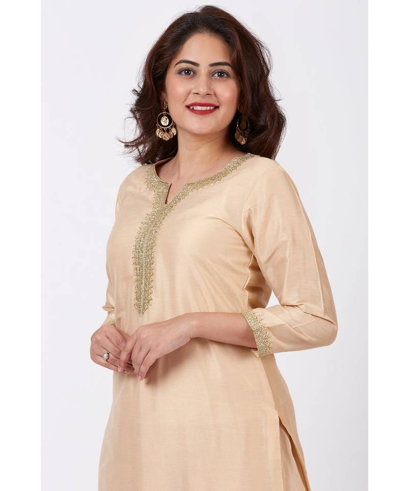 Champagne Gold Tree Gotta Embroidered Kurti with Embroidered Straight Palazzos