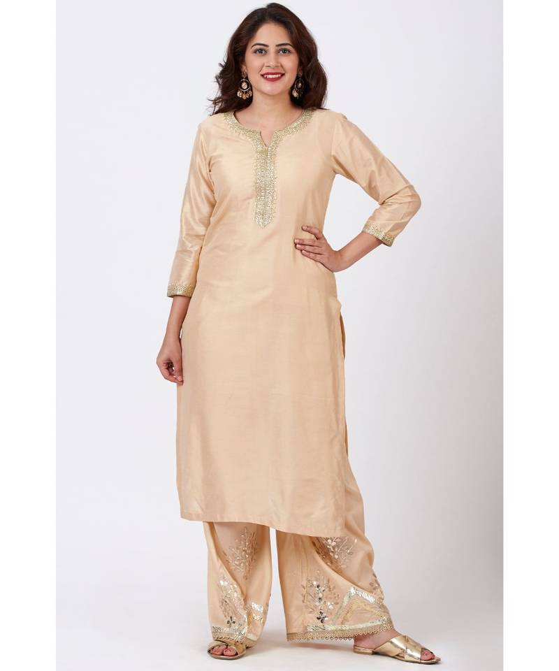 Champagne Gold Tree Gotta Embroidered Kurti with Embroidered Straight Palazzos