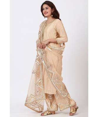 Champagne Gold Tree Gotta Embroidered Kurti with Embroidered Straight Palazzos and Orgnaza Gotta Embroidered Dupatta 2