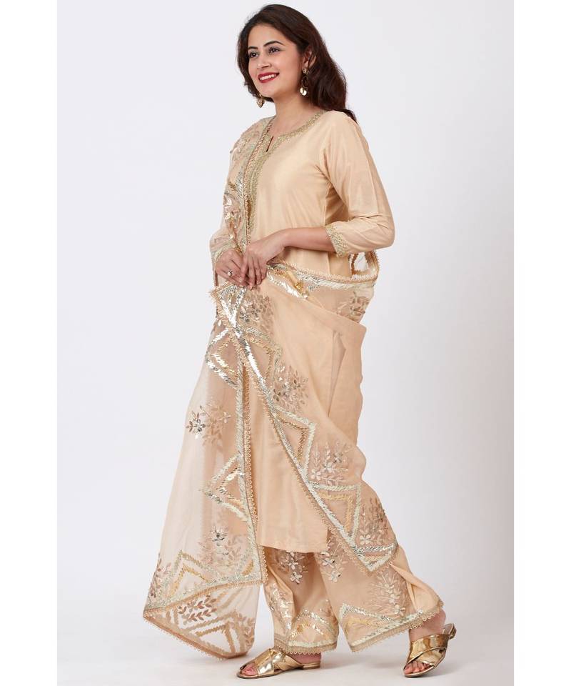Champagne Gold Tree Gotta Embroidered Kurti with Embroidered Straight Palazzos and Orgnaza Gotta Embroidered Dupatta