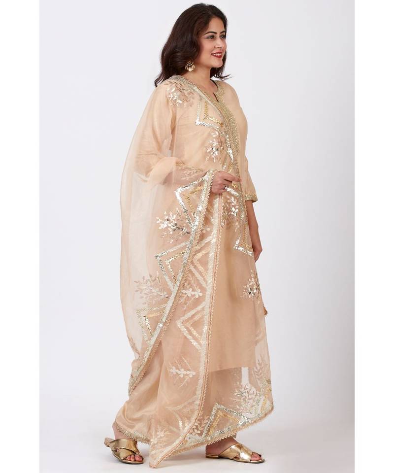 Champagne Gold Tree Gotta Embroidered Kurti with Embroidered Straight Palazzos and Orgnaza Gotta Embroidered Dupatta