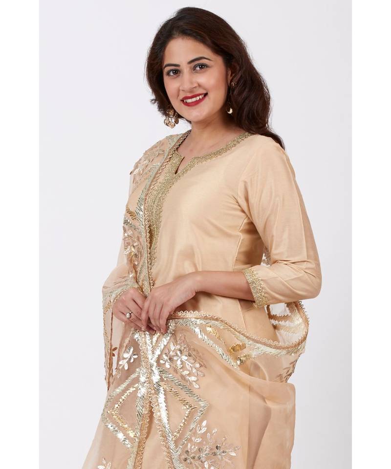Champagne Gold Tree Gotta Embroidered Kurti with Embroidered Straight Palazzos and Orgnaza Gotta Embroidered Dupatta