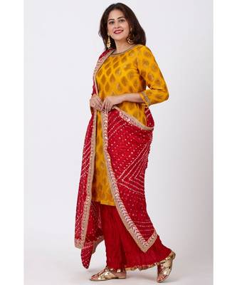 Mangal Mustard Banarsi Kurti With Crushed Silk Palazzos and Bandhani Dupatta 1