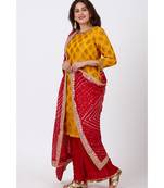 Mangal Mustard Banarsi Kurti With Crushed Silk Palazzos and Bandhani Dupatta