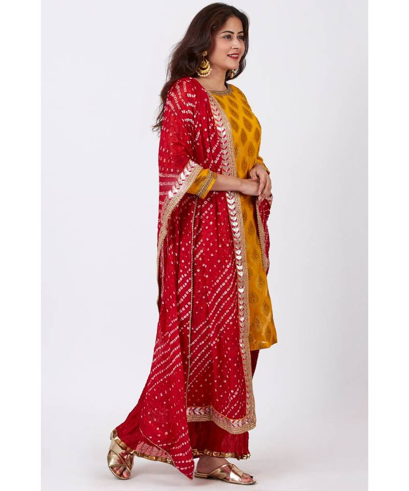 Mangal Mustard Banarsi Kurti With Crushed Silk Palazzos and Bandhani Dupatta