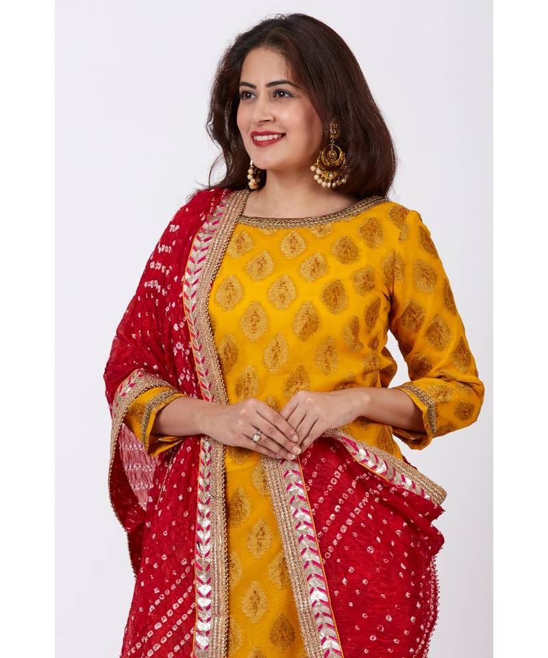Mangal Mustard Banarsi Kurti With Crushed Silk Palazzos and Bandhani Dupatta