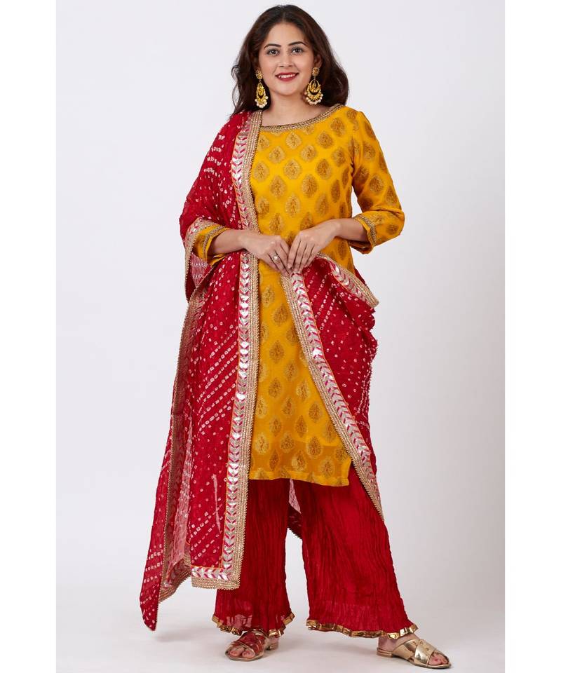 Mangal Mustard Banarsi Kurti With Crushed Silk Palazzos and Bandhani Dupatta