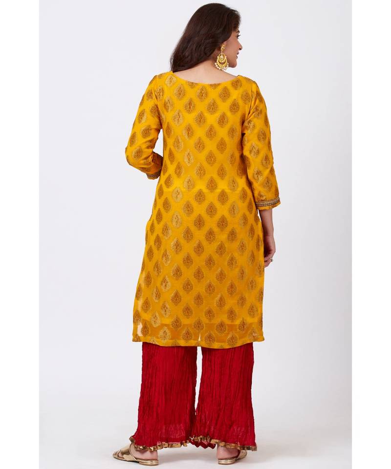 Mangal Mustard Banarsi Kurti With Crushed Silk Palazzos and Bandhani Dupatta