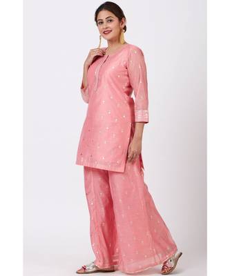 Rose Pink Foil Printed Kurti with Flared Palazzo 1