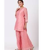 Rose Pink Foil Printed Kurti with Flared Palazzo