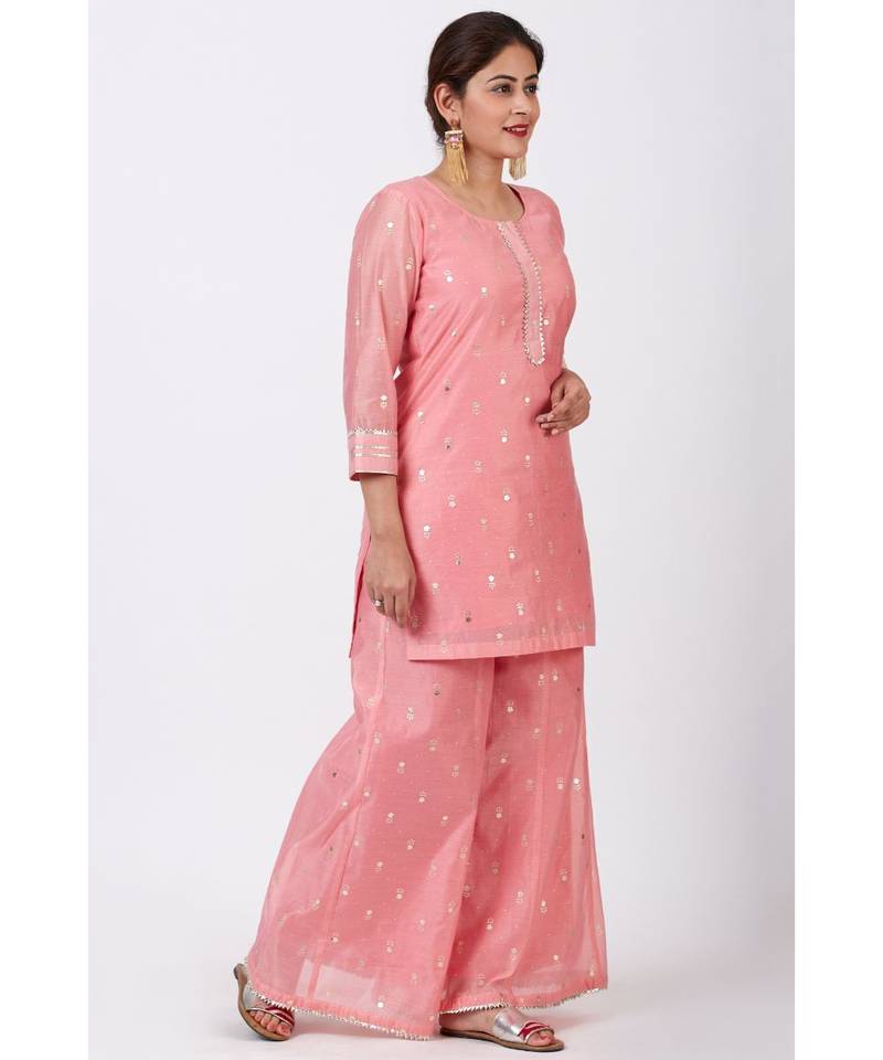 Rose Pink Foil Printed Kurti with Flared Palazzo