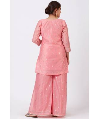 Rose Pink Foil Printed Kurti with Flared Palazzo 3