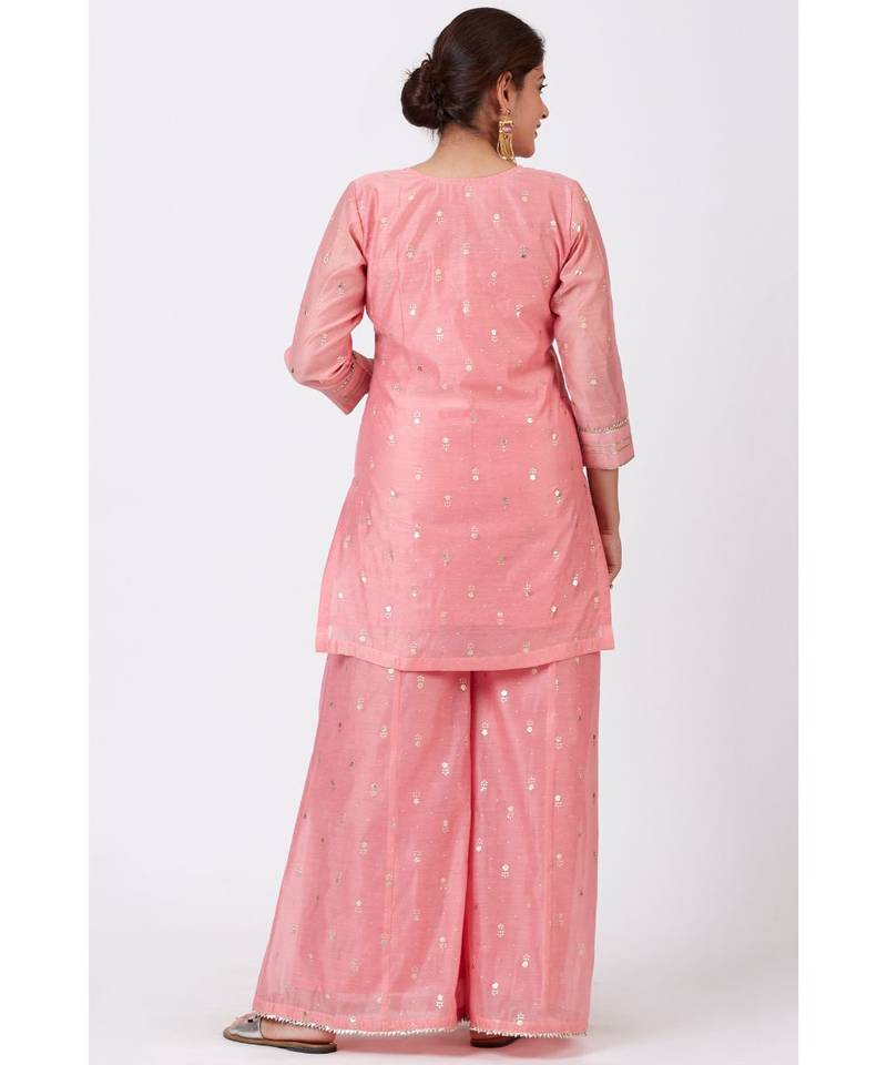 Rose Pink Foil Printed Kurti with Flared Palazzo