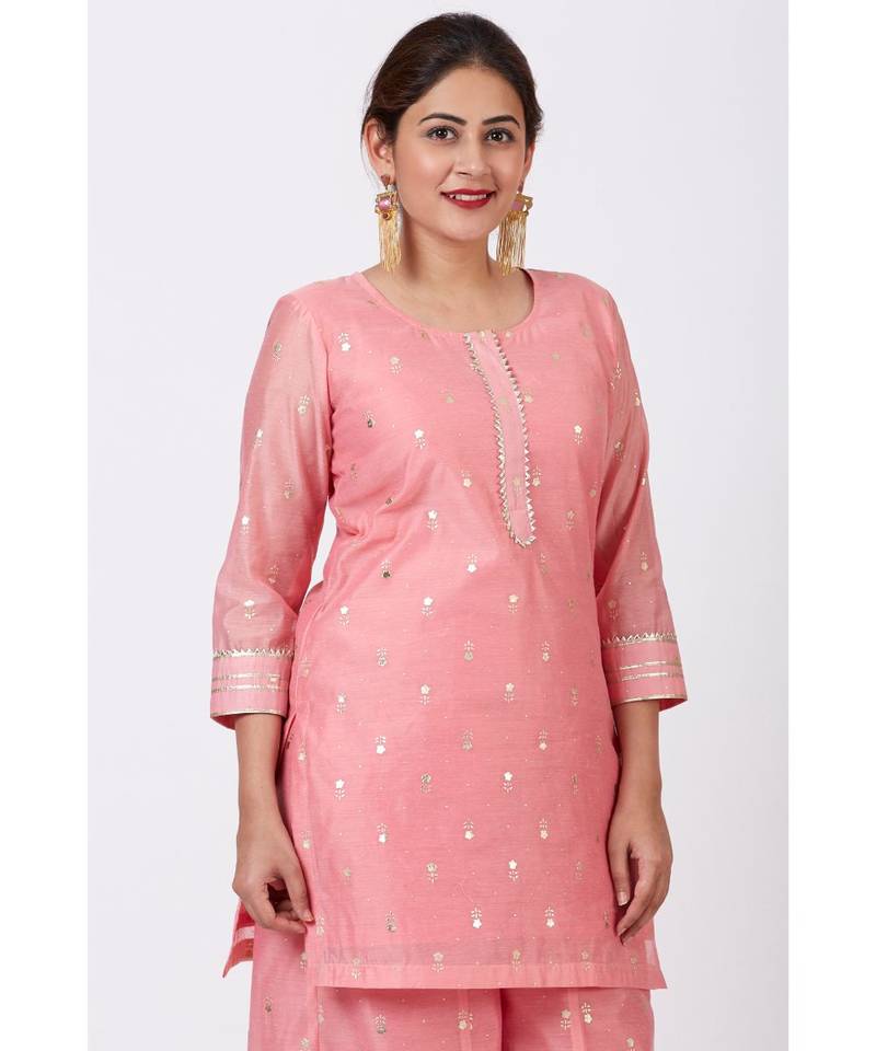 Rose Pink Foil Printed Kurti with Flared Palazzo