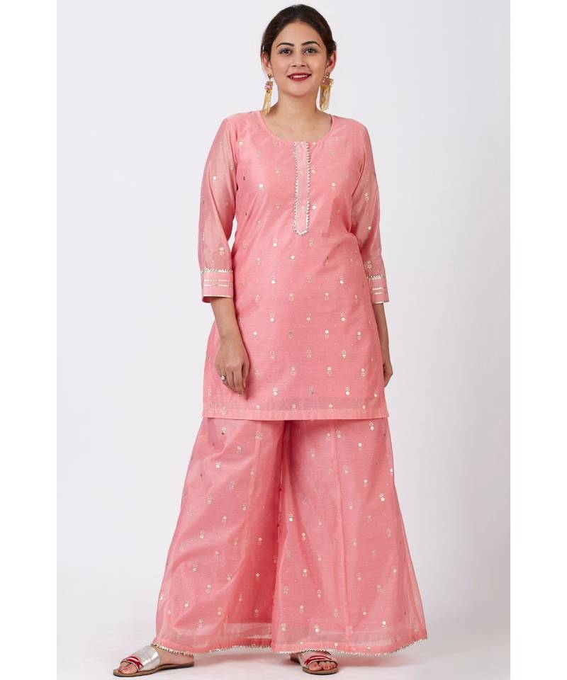 Rose Pink Foil Printed Kurti with Flared Palazzo