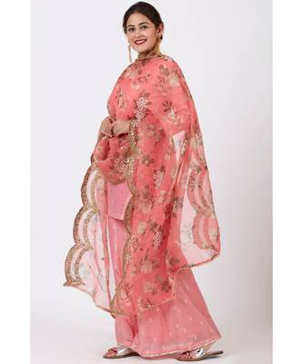 Rose Pink Foil Printed Kurti with Flared Palazzo and Floral Sequence Embroidered Organza Dupatta 1
