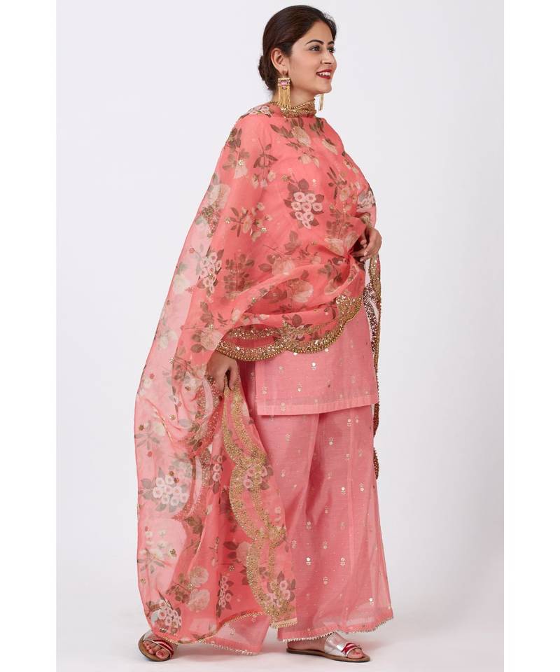 Rose Pink Foil Printed Kurti with Flared Palazzo and Floral Sequence Embroidered Organza Dupatta