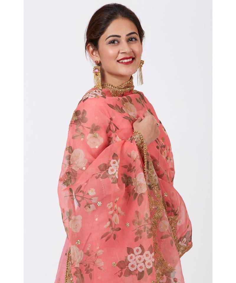 Rose Pink Foil Printed Kurti with Flared Palazzo and Floral Sequence Embroidered Organza Dupatta