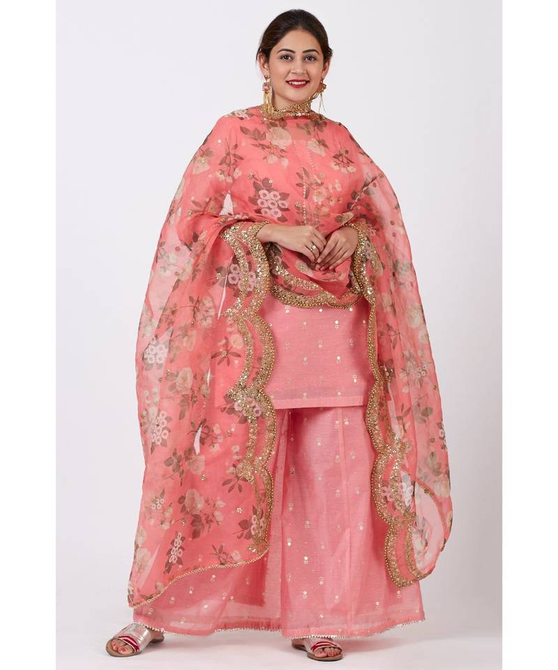 Rose Pink Foil Printed Kurti with Flared Palazzo and Floral Sequence Embroidered Organza Dupatta