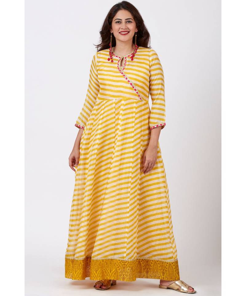 Mustard Leheriya Floorlength Kurti with Printed Border
