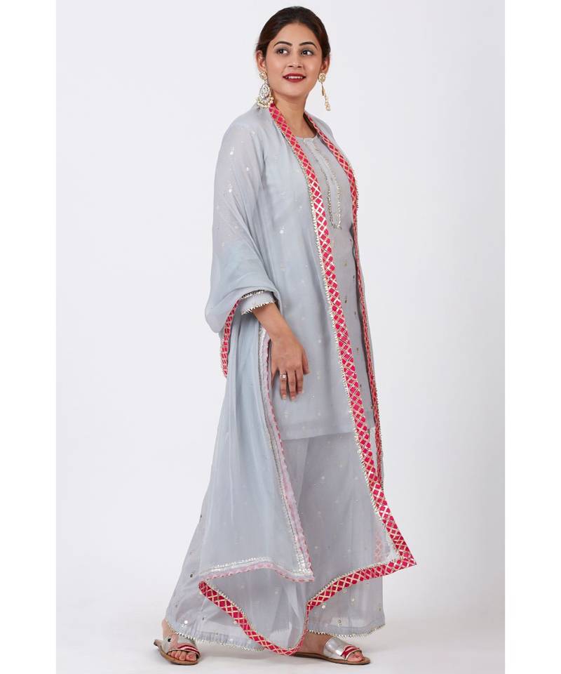 Magical Gray Foil Printed Kurti with Flared Palazzo and Mokaish Chiffon Gotta Dupatta