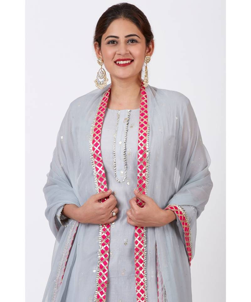 Magical Gray Foil Printed Kurti with Flared Palazzo and Mokaish Chiffon Gotta Dupatta