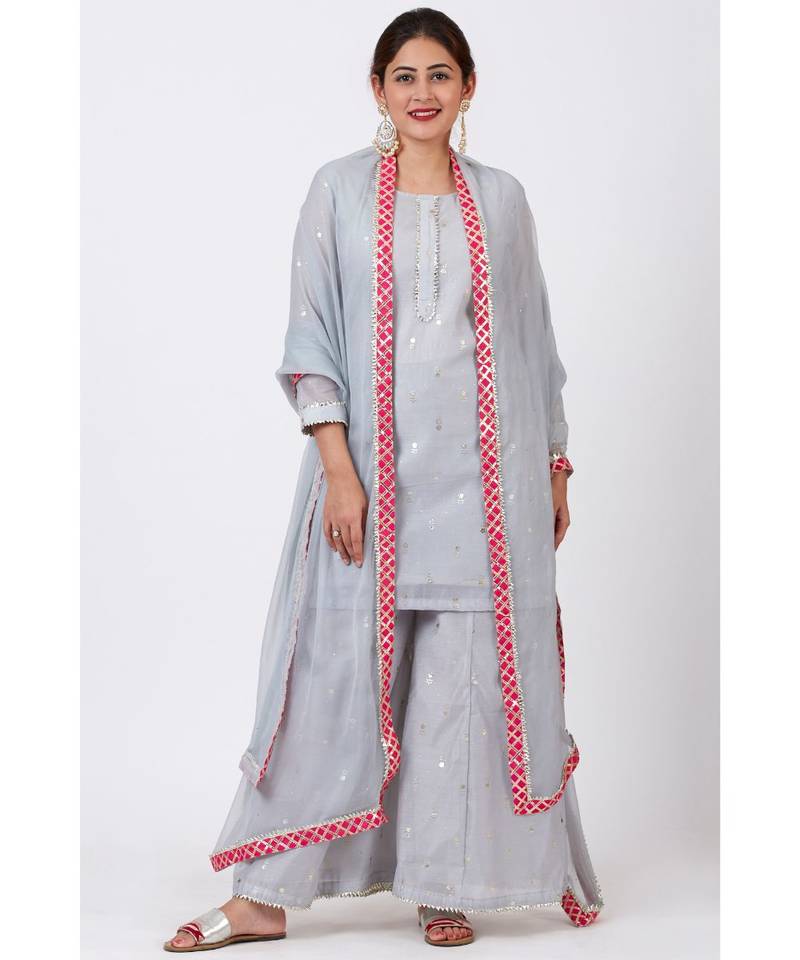 Magical Gray Foil Printed Kurti with Flared Palazzo and Mokaish Chiffon Gotta Dupatta